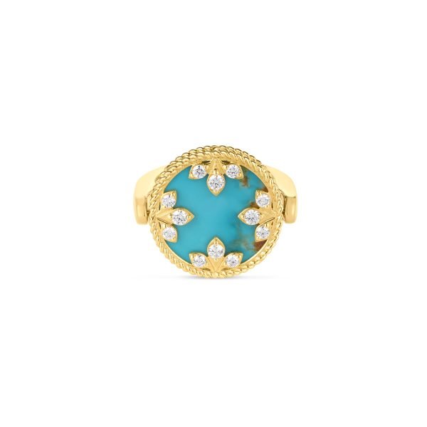 18K YELLOW GOLD COLORED MEDALLIONS DIAMOND, TURQUOISE , & MOTHER OF PEARL REVERSIBLE RING