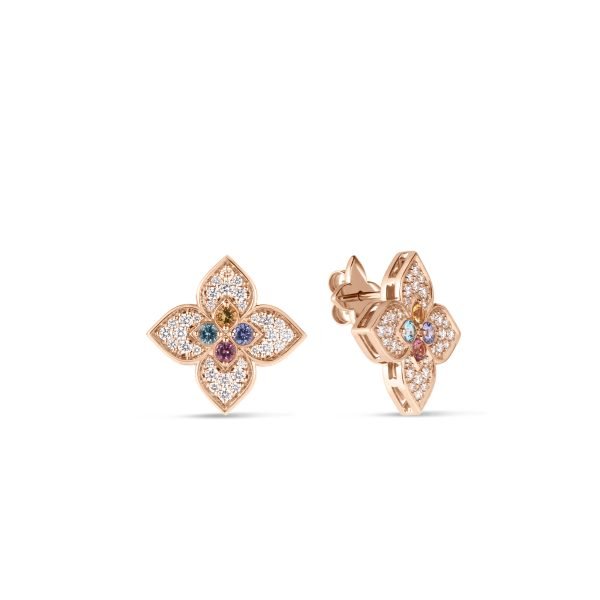 18K ROSE GOLD VENETIAN PRINCESS CARNEVALE SMALL PAVE MIXED STONES FLOWER EARRINGS